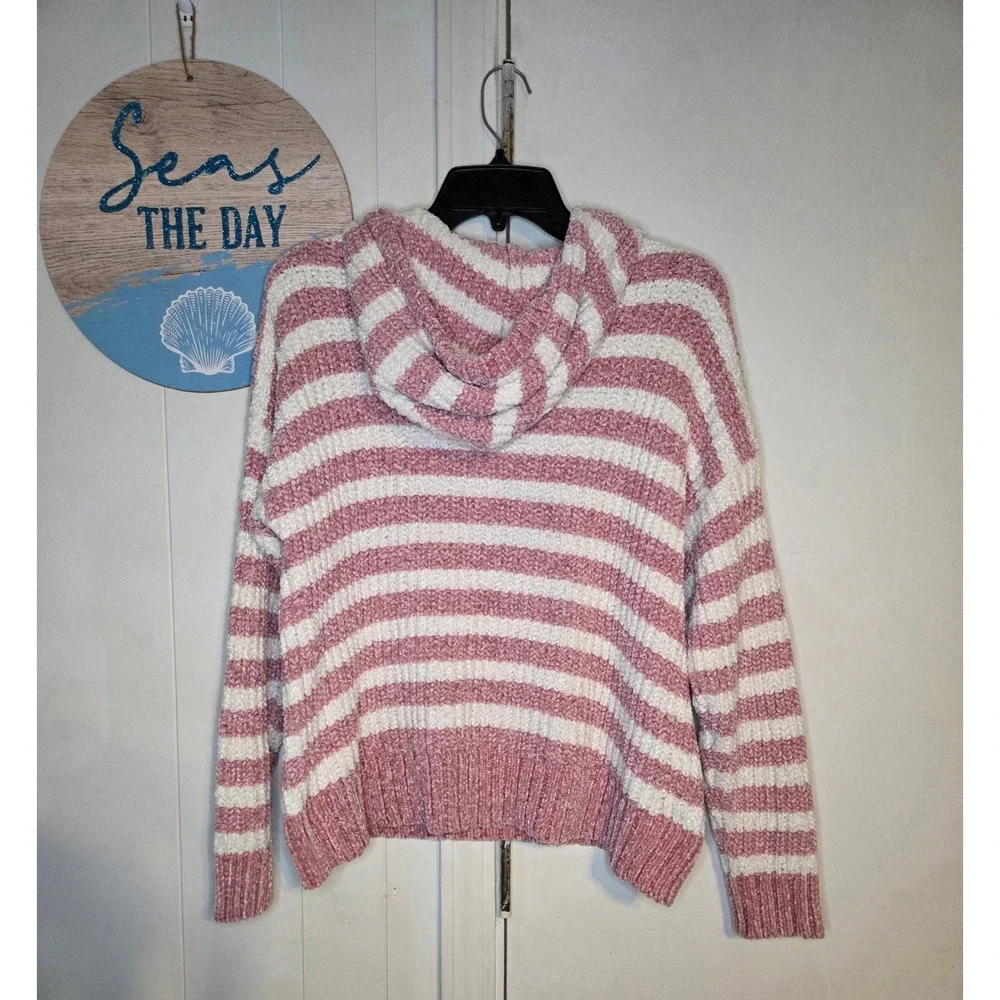 Justice Girls Pink White Striped Chenille Knit Hoodie Sweater Juniors 18/20